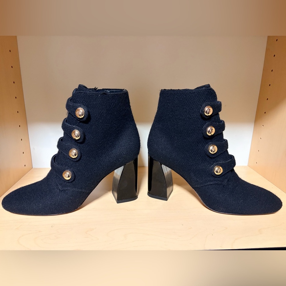 Tory Burch Black/Navy Boucle Ankle Boots with Gold Tone Buttons